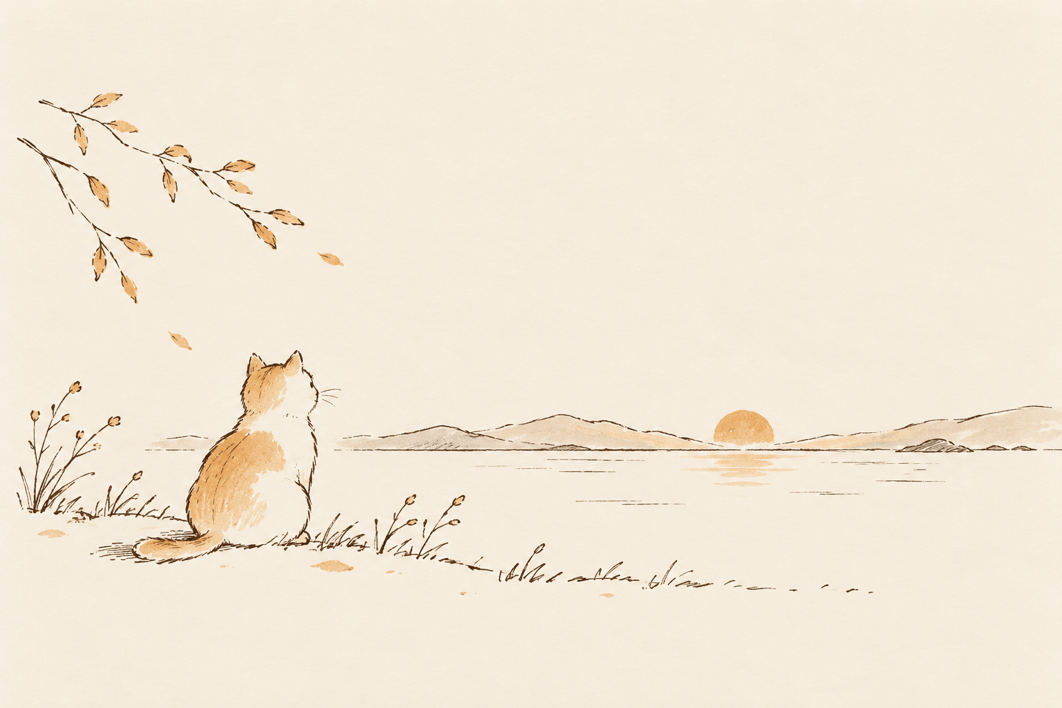 湖畔看日落的猫咪插画