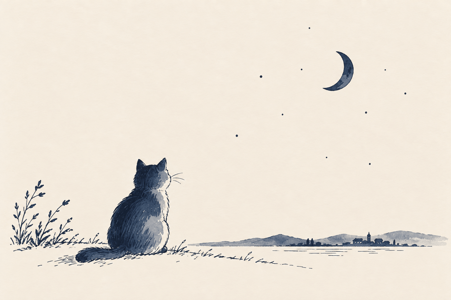 月下湖畔看星星的猫咪插画
